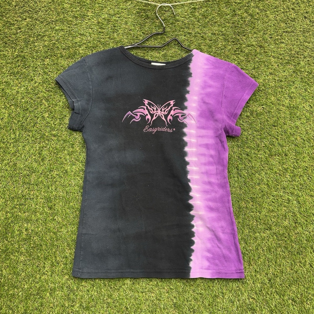 Y2K Easyriders Shirt Womens XL Tie Dye Motorcycle Short Sleeve Purple Butterfly